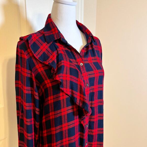Banana Republic Red and Navy Plaid Dillon Shirt with Ruffle Size Medium - Picture 3 of 10